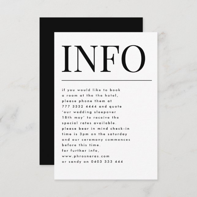 Classic Elegant Bold Big INFO Wedding Details Enclosure Card (Front/Back)