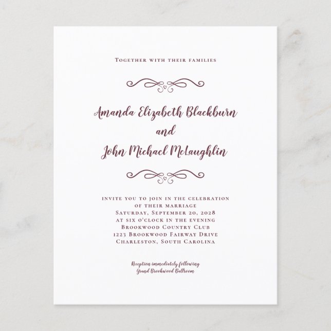 Classic Elegant Burgundy Budget Wedding Invitation (Front)