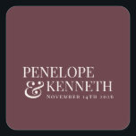 Classic Elegant Burgundy Custom Wedding Names Square Sticker<br><div class="desc">Classic Elegant Burgundy Typography Custom Wedding Names Square Sticker</div>
