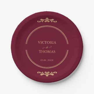Classic Elegant Burgundy & Gold Wedding Paper Plate