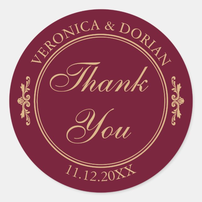 Classic Elegant Burgundy Thank You Wedding Sticker (Front)