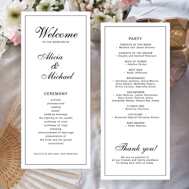 Classic elegant calligraphy black white wedding program (Creator Uploaded)