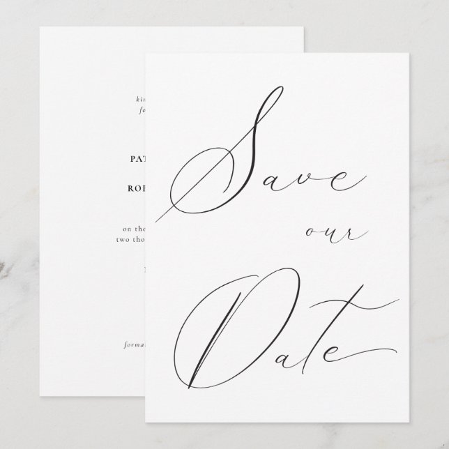 Classic Elegant Calligraphy Black White Wedding Save The Date (Front/Back)