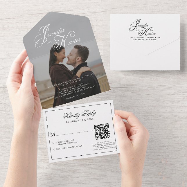 Classic Elegant Calligraphy QR Code Photo Wedding All In One Invitation (Creator Uploaded)