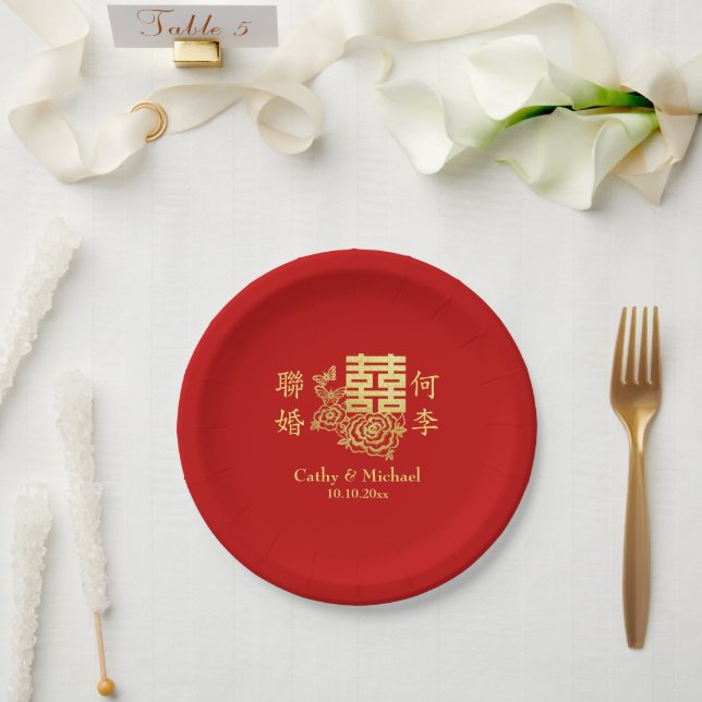 Classic elegant Chinese wedding logo floral red Paper Plate (Wedding)