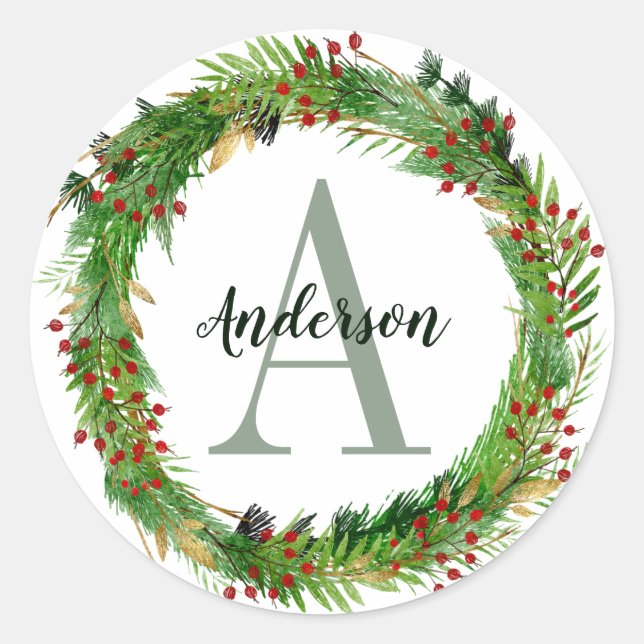 Classic Elegant Christmas Wreath Monogram Initial Round Sticker (Front)