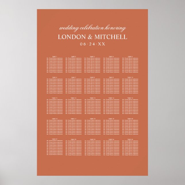Classic Elegant Copper Wedding Seating Poster (Front)