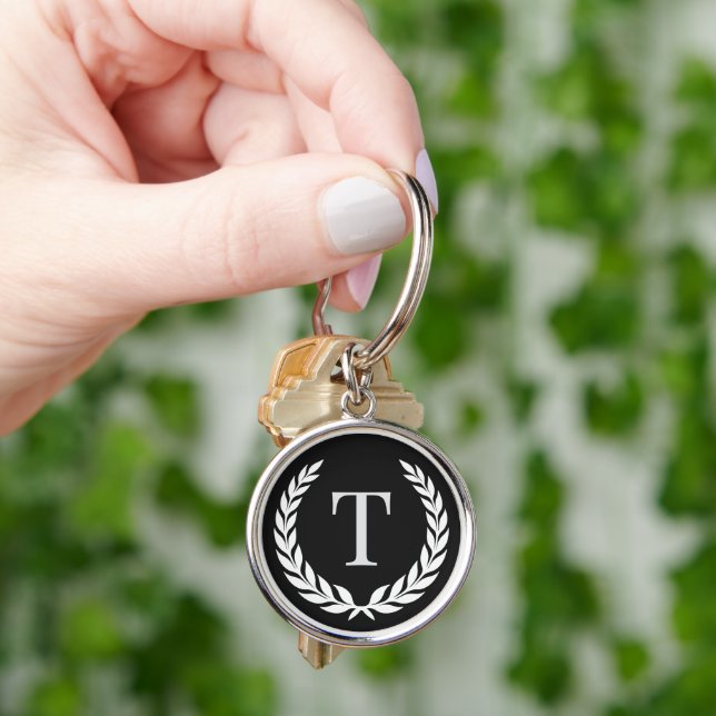 Classic Elegant Custom Initial Laurel Monogram Key Ring (Hand)