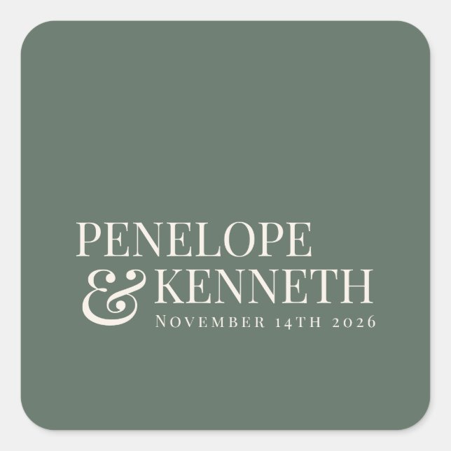 Classic Elegant Dark Sage Custom Wedding Names Square Sticker (Front)