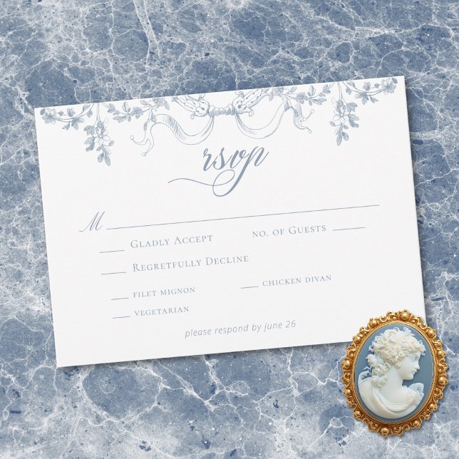 Classic Elegant Dusty Blue Floral Swag Wedding RSVP Card (Classic Elegant Dusty Blue Floral Ribbon Wedding RSVP Card)