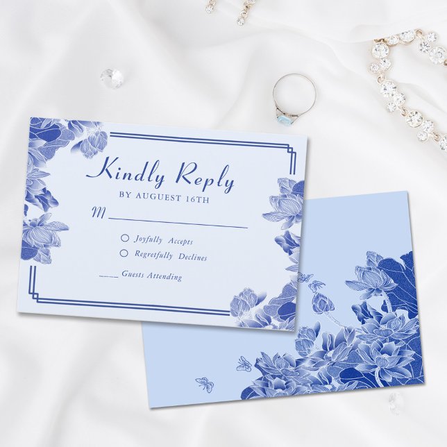 Classic Elegant Dusty Blue Flower Chinoiserie RSVP (Creator Uploaded)
