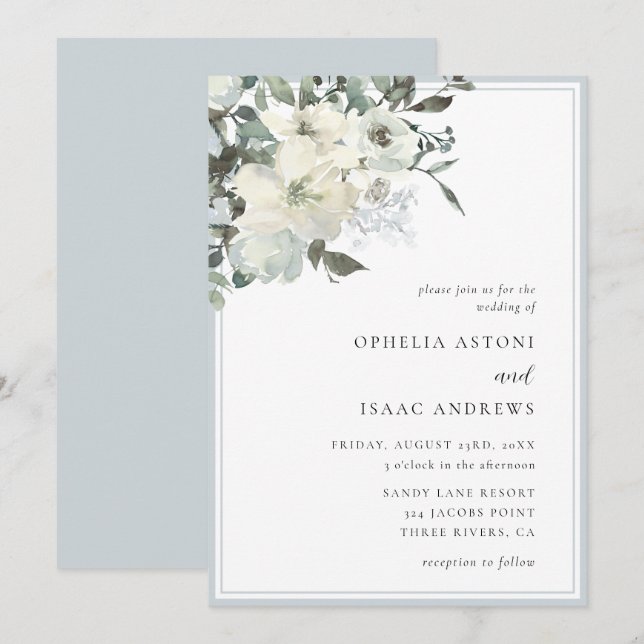 Classic Elegant Dusty Blue Ivory Floral Wedding Invitation (Front/Back)