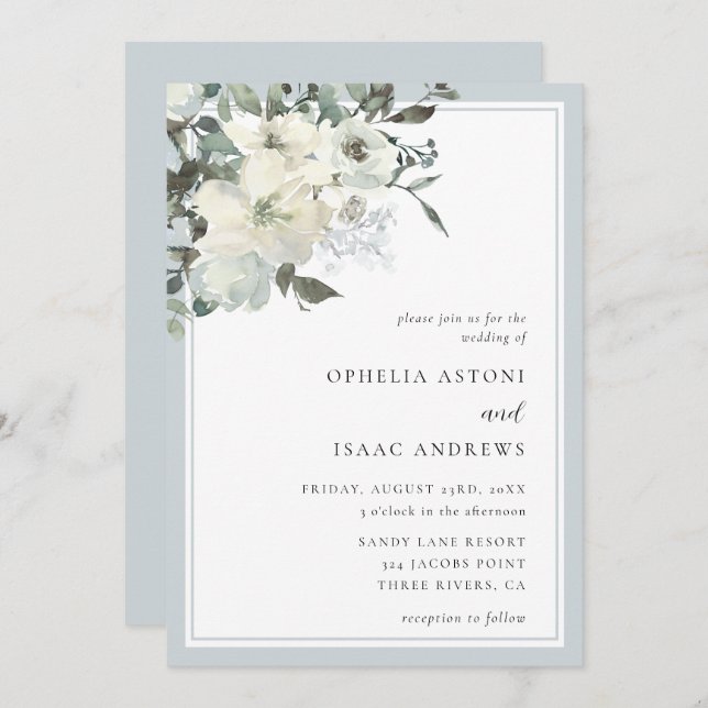 Classic Elegant Dusty Blue Ivory Floral Wedding Invitation (Front/Back)