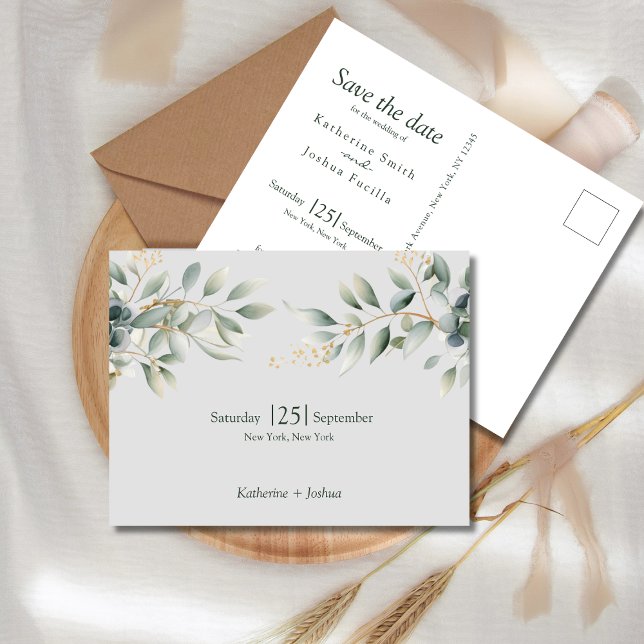 Classic Elegant Eucalyptus Wedding Save the Date Announcement Postcard (Classic Eucalyptus Wedding Save the Date Postcard. Elegant Classic Style with watercolor eucalyptus)