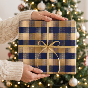 Classic Elegant Faux Gold & Navy Buffalo Plaid Wrapping Paper