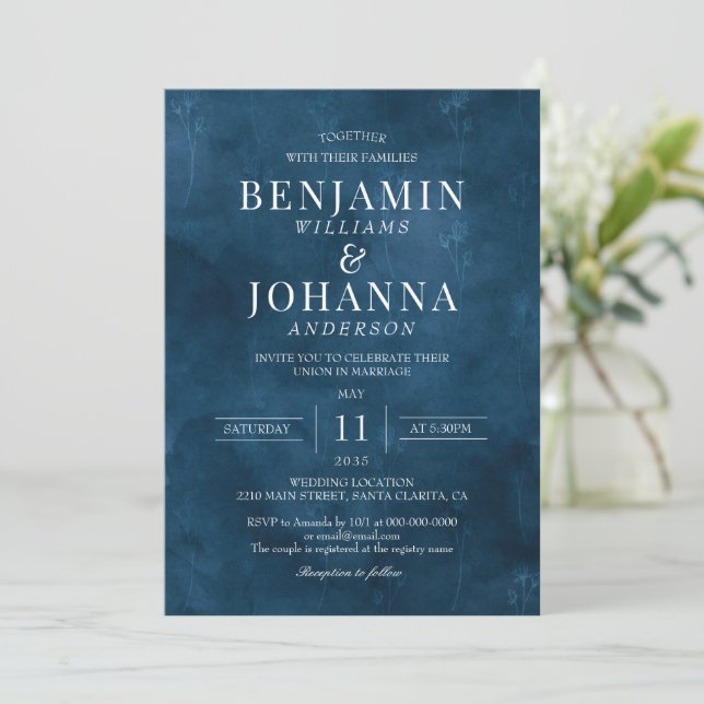 Classic Elegant Floral Blue Watercolor Wedding Invitation (Standing Front)