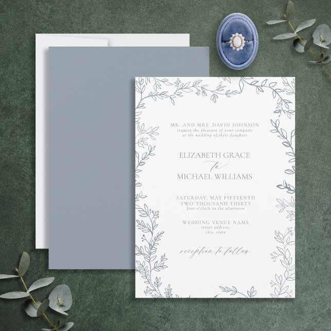 Classic Elegant Formal Dusty Blue Leafy Wedding Invitation (Creator Uploaded)
