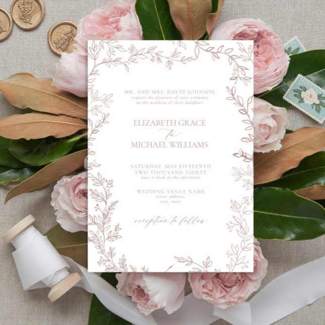 Classic Elegant Formal Dusty Rose Leafy Wedding Invitation (Creator Uploaded)