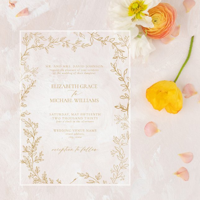 Classic Elegant Formal Gold Leafy Wedding Acrylic Invitations (Creator Uploaded)