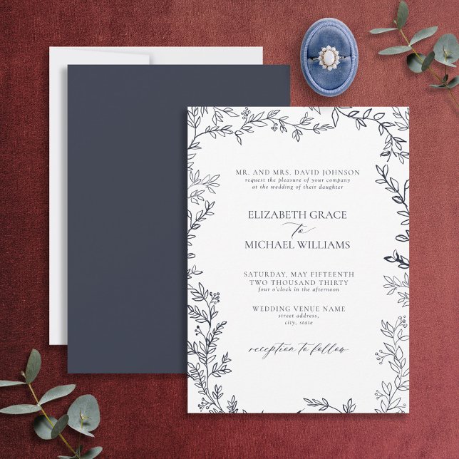 Classic Elegant Formal Navy Blue Leafy Wedding Invitation (Creator Uploaded)