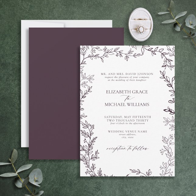 Classic Elegant Formal Plum Purple Leafy Wedding Invitation (Creator Uploaded)