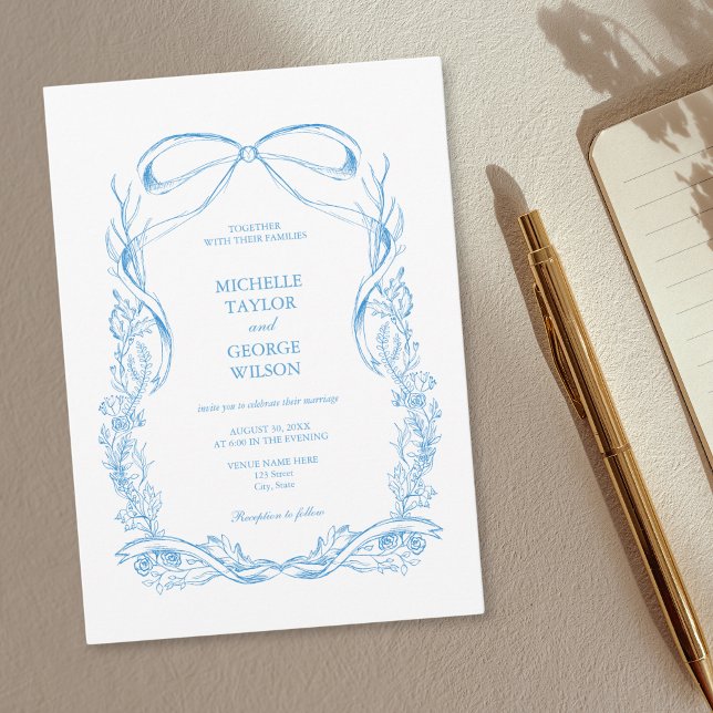 Classic Elegant French Blue Coquette Floral Bow Invitation (Creator Uploaded)