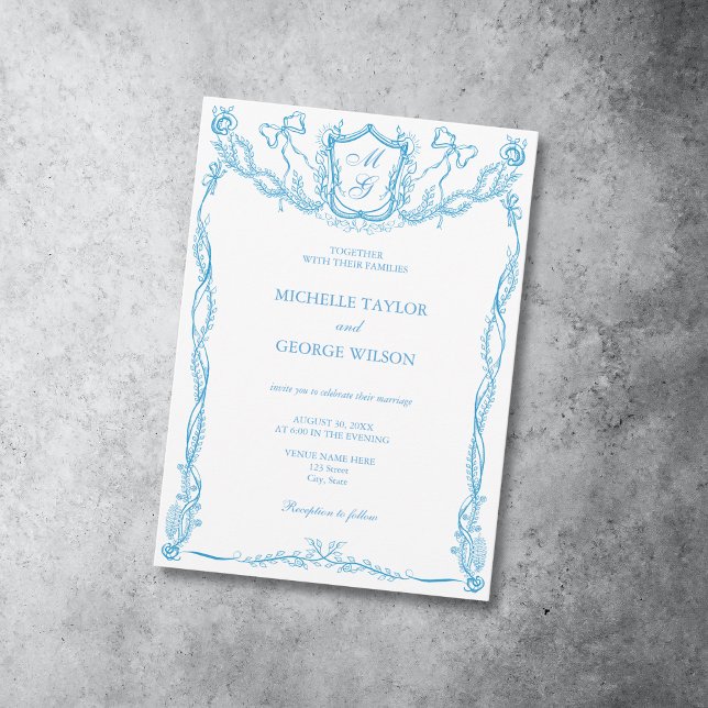 Classic Elegant French Blue Crest Monogram Bow Invitation (Creator Uploaded)