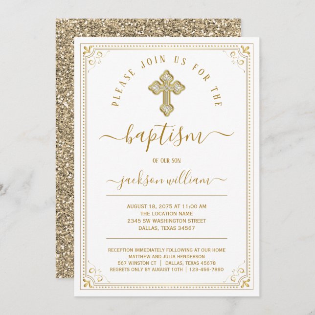 Classic Elegant Gold Baptism Invitation (Front/Back)