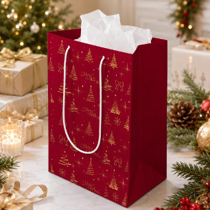 Classic Elegant Gold Christmas Tree Doodles Medium Gift Bag