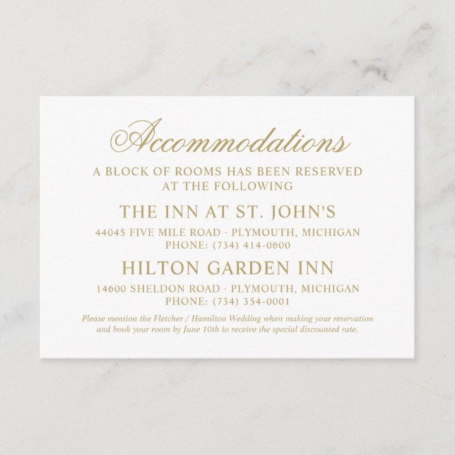 Classic Elegant Gold Wedding Accommodations Enclosure Card (Front)