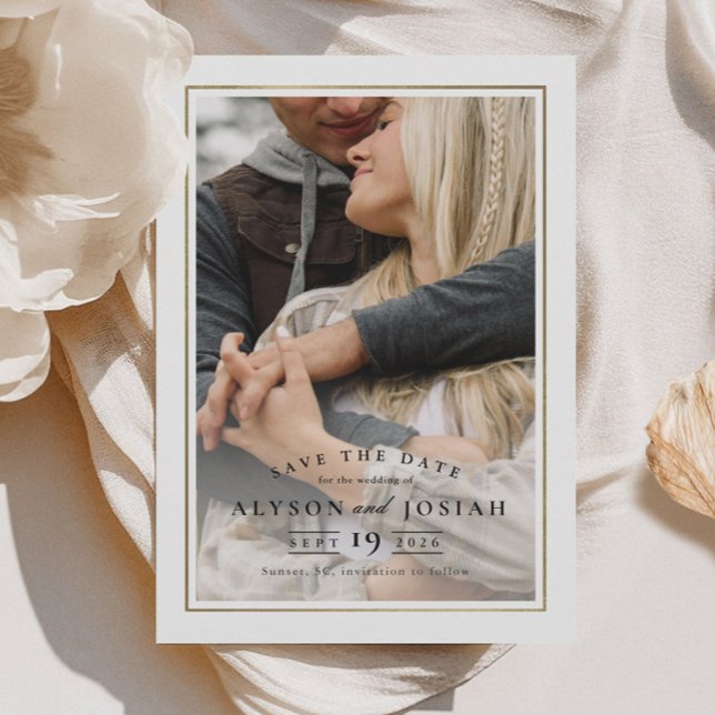 Classic Elegant Gold Wedding Photo Save The Date (Elegant Curved Typography Photo Wedding Save the Date.)