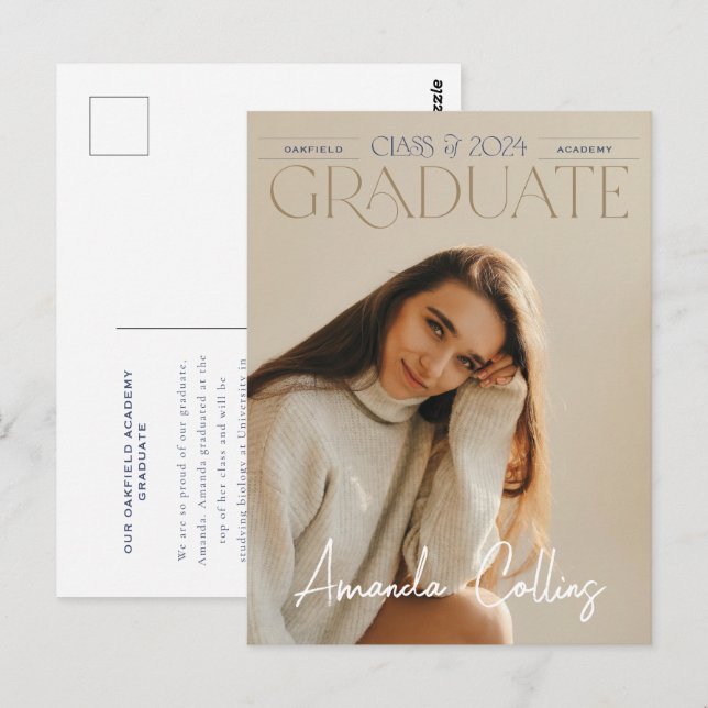 Classic & Elegant Headline Photo Grad Announcement Postcard (Front/Back)