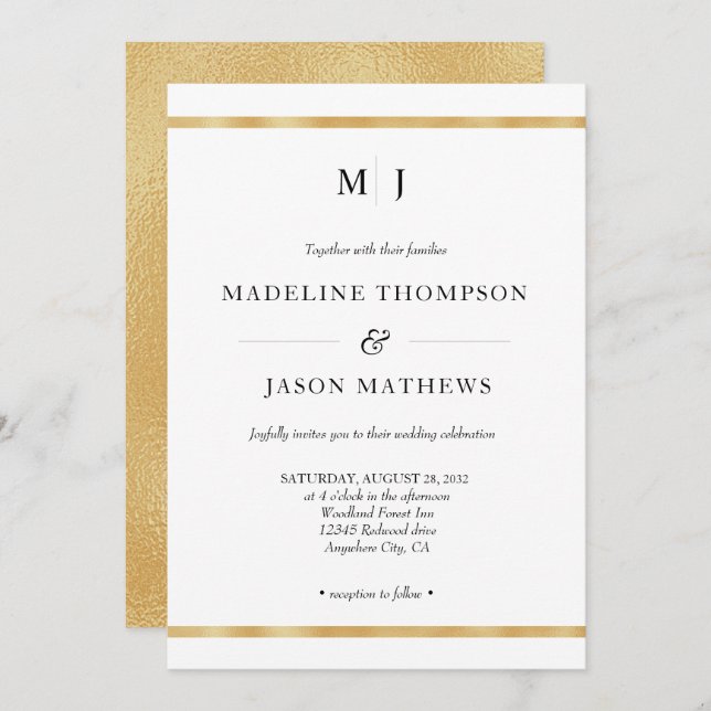 Classic Elegant Ivory Gold Foil Monogram Wedding Invitation (Front/Back)