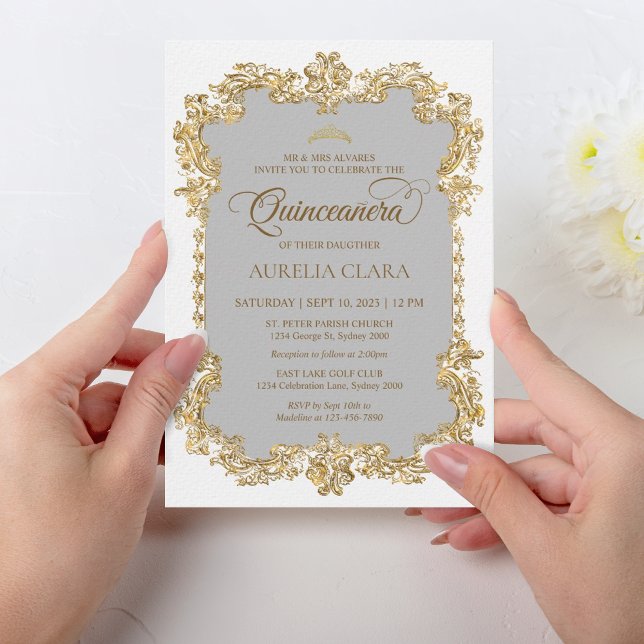 Classic Elegant Ivory White Gold Tiara Quinceanera Invitation (Creator Uploaded)