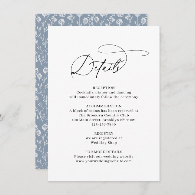 Classic Elegant Line Art Floral Dusty Blue Wedding Enclosure Card (Front/Back)