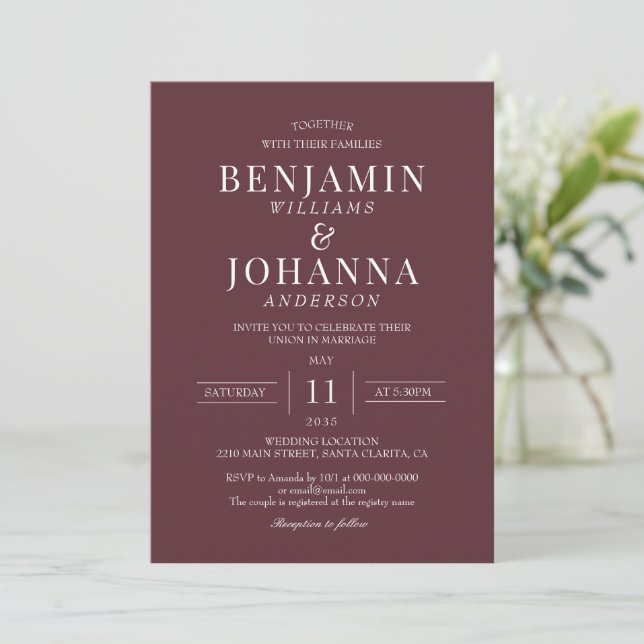 Classic Elegant Maroon Red Wedding Invitation (Standing Front)