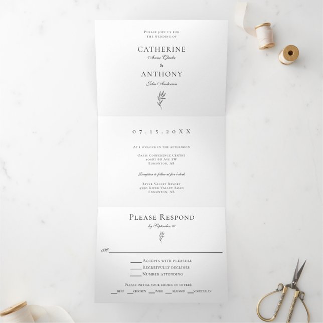 Classic Elegant Minimalist Botanical Leaf Simple Tri-Fold Invitation (Inside)