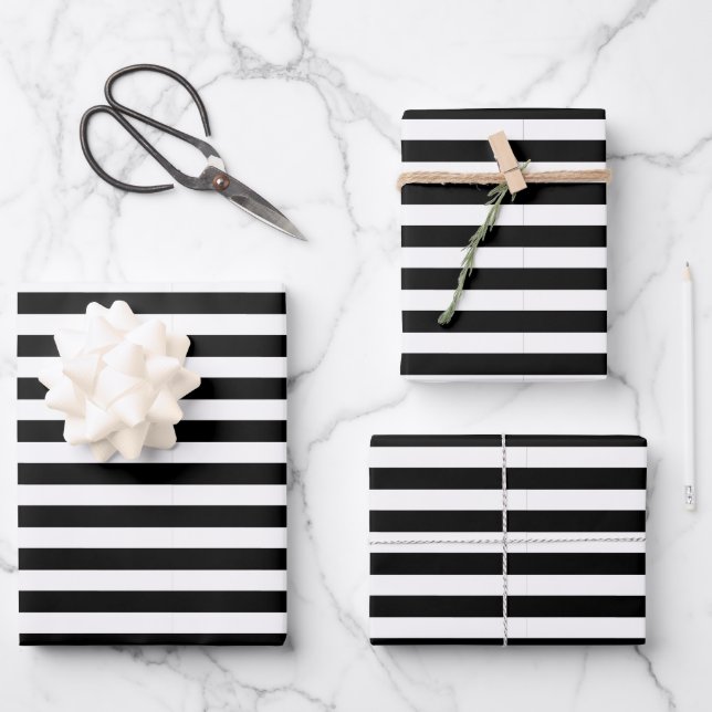 Classic Elegant Modern Black and White Striped Wrapping Paper Sheet (Front)