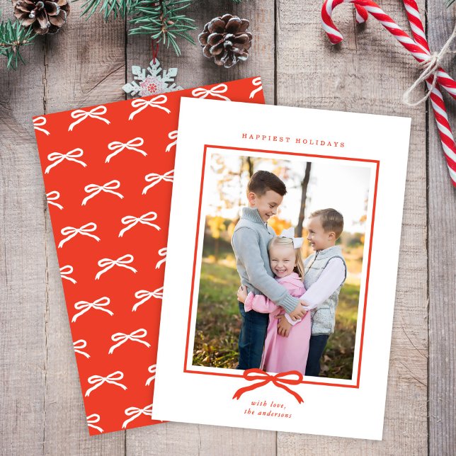 Classic Elegant Modern Red Bow One Photo Holiday Card (Creator Uploaded)