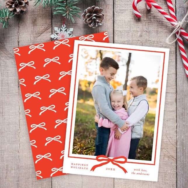 Classic Elegant Modern Red Bow One Photo Holiday Card (Creator Uploaded)