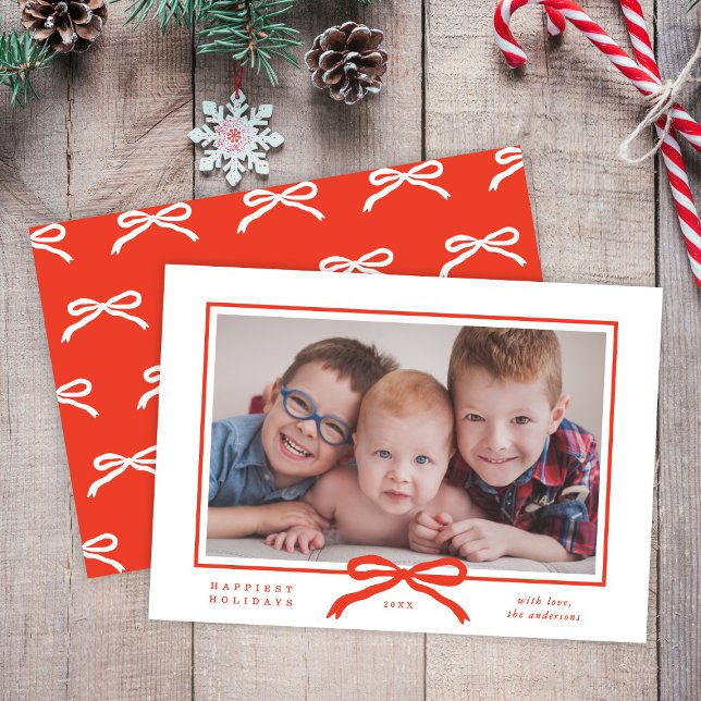 Classic Elegant Modern Red Bow One Photo Holiday Card (Creator Uploaded)