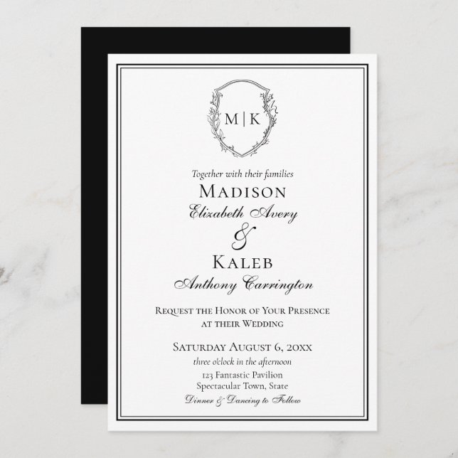 Classic Elegant Monogram Botanical Crest Bordered Invitation (Front/Back)