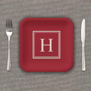 Classic Elegant Monogram on Cranberry Red Paper Plate