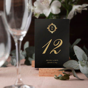 Classic Elegant Monogram Wedding Black Gold Table Number