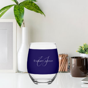 classic elegant name customised blue and white stemless wine glass