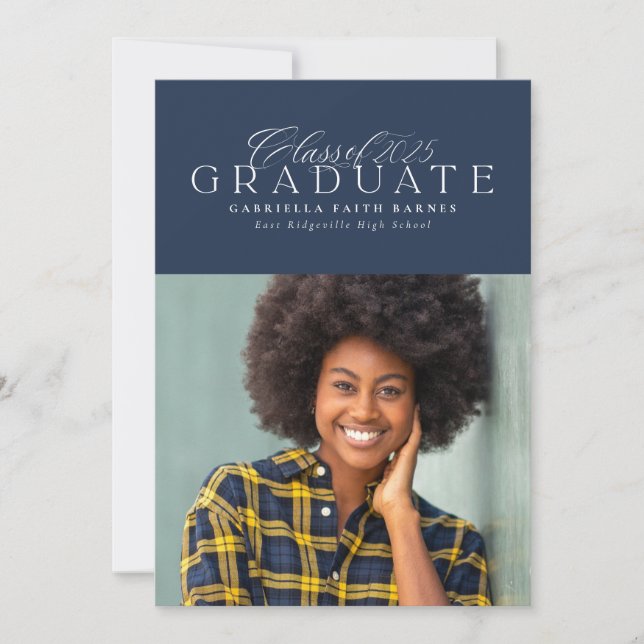 Classic elegant navy 2025 photo graduation announcement (Front)