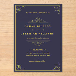 Classic Elegant navy-blue and Gold vintage Wedding Acrylic Invitations