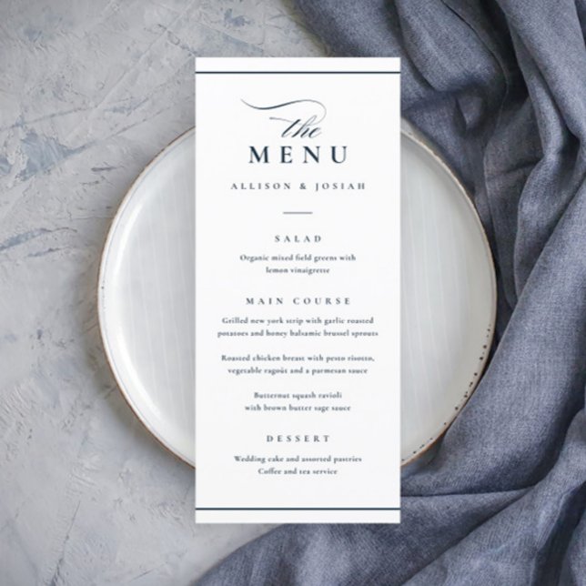 Classic Elegant Navy Blue and White Wedding Menu (Elegant Navy Blue and White Wedding Menu.)