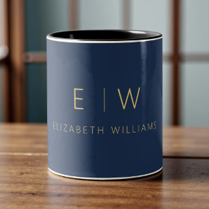 Classic Elegant Navy Blue Gold Minimalist Monogram Two-Tone Coffee Mug