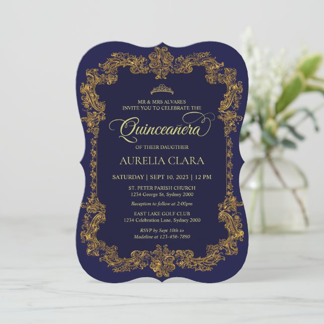 Classic Elegant Navy Blue Gold Tiara Quinceanera Invitation (Standing Front)